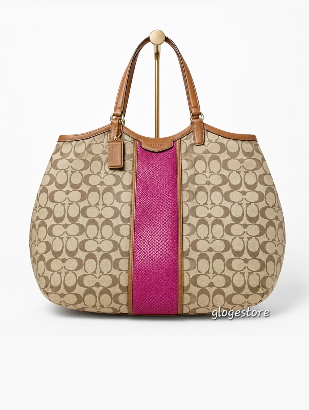 COACH Signature Hobo Shoulder Bag with Magenta Leather Crocodile Stripe